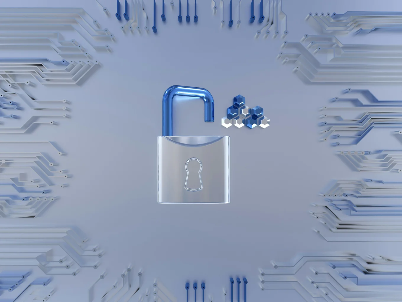 Open silver padlock with digital circuit pattern.